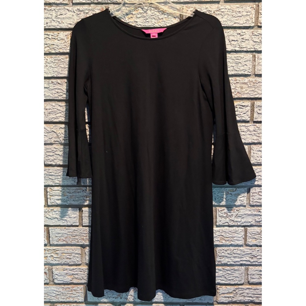 Lilly Pulitzer Womens Black Bell Sleeve Shift Dress Knit Rayon Spandex Sz. S